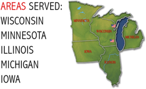 a map showing which states Patriot Fence serves; Wisconsin, Minnesota, Illinois, Michigan, Iowa.
