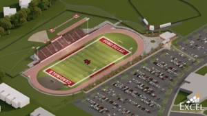 a 3d render of the fond du lac cardinals football field
